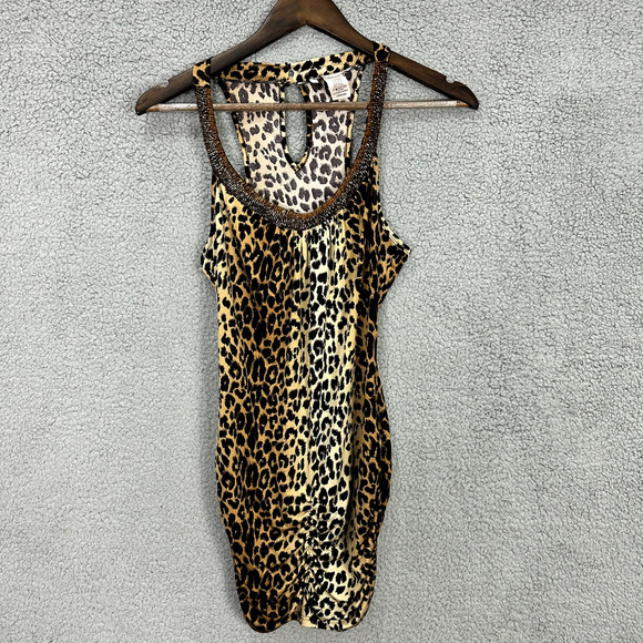 Vintage Y2K Bodycon Mini Dress Womens Large Brown Leopard Print Beaded Boho Glam - Picture 1 of 6
